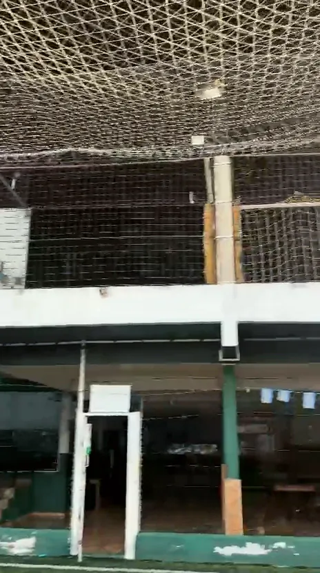 Cancha de césped sintético bajo red cenital, con el salón y la terraza superior al fondo